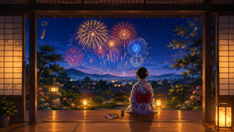 夜の縁側から見た花火大会。浴衣姿の後ろ姿と、夜空に開く色とりどりの花火